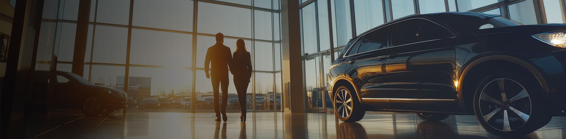 Marketing, shoppers walking into a lit dealership showroom