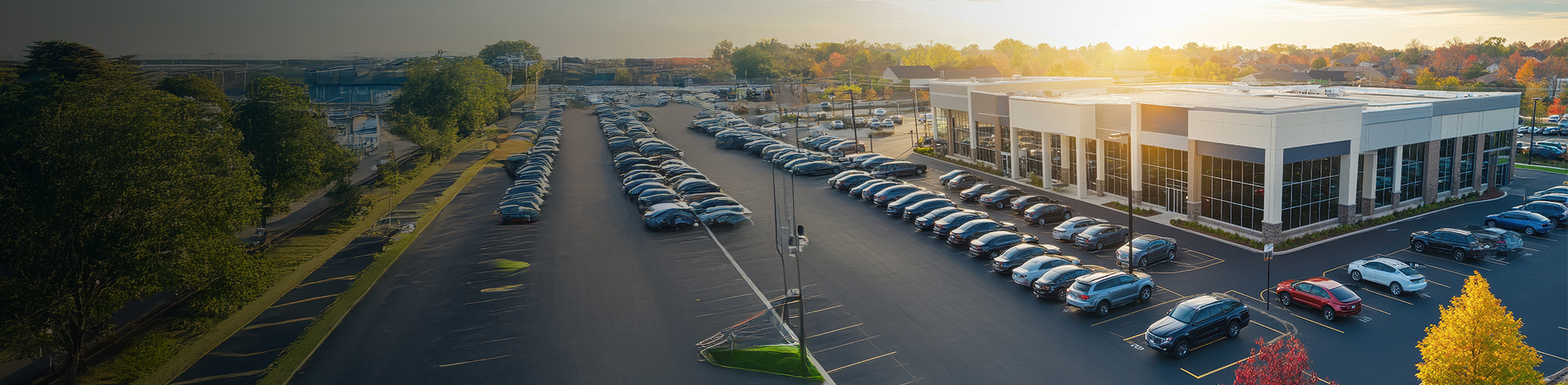 Aerial view of a franchise dealership lot and building