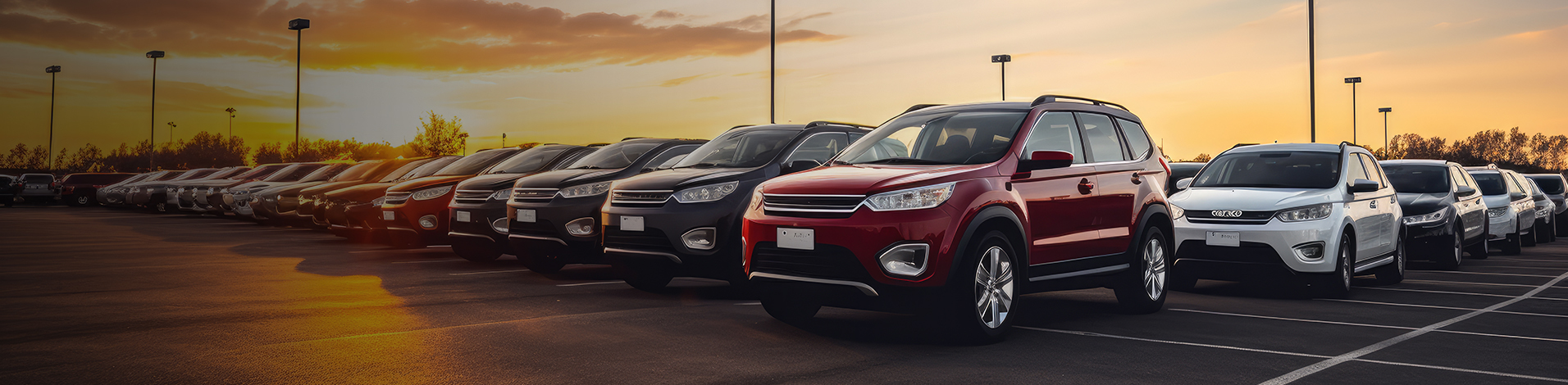 Inventory management, a full dealership lot at sunset