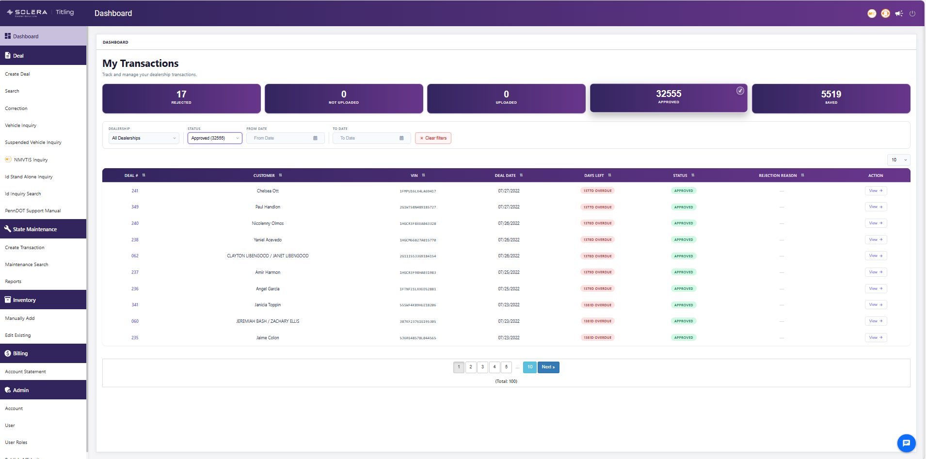 Solera Titling dashboard showing the My Transactions view with status tiles and a live transaction table