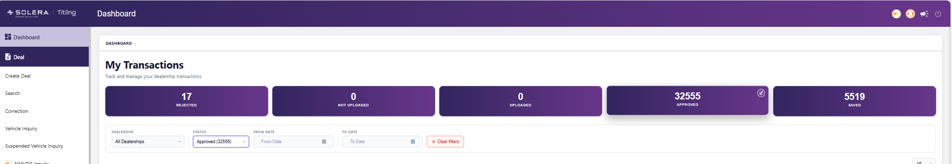 Actual PA Titling dashboard overview with navigation, transaction status categories and filters